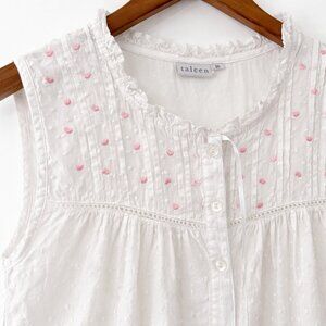 Taleen White Swiss Dot Cottage Nightgown with Pink Heart Yoke Lace Trim Size M